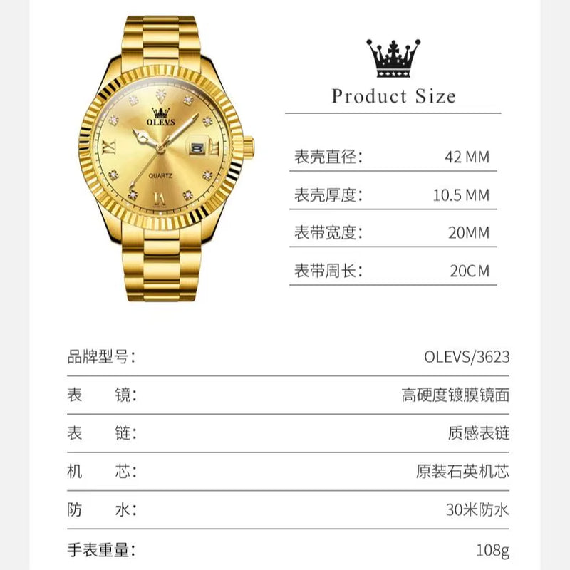 3623 Men'S Original Quartz Watch Brand Classic Watch Luxury Gold Stainless Steel Business Men'S Watch Date Reloj Hombre