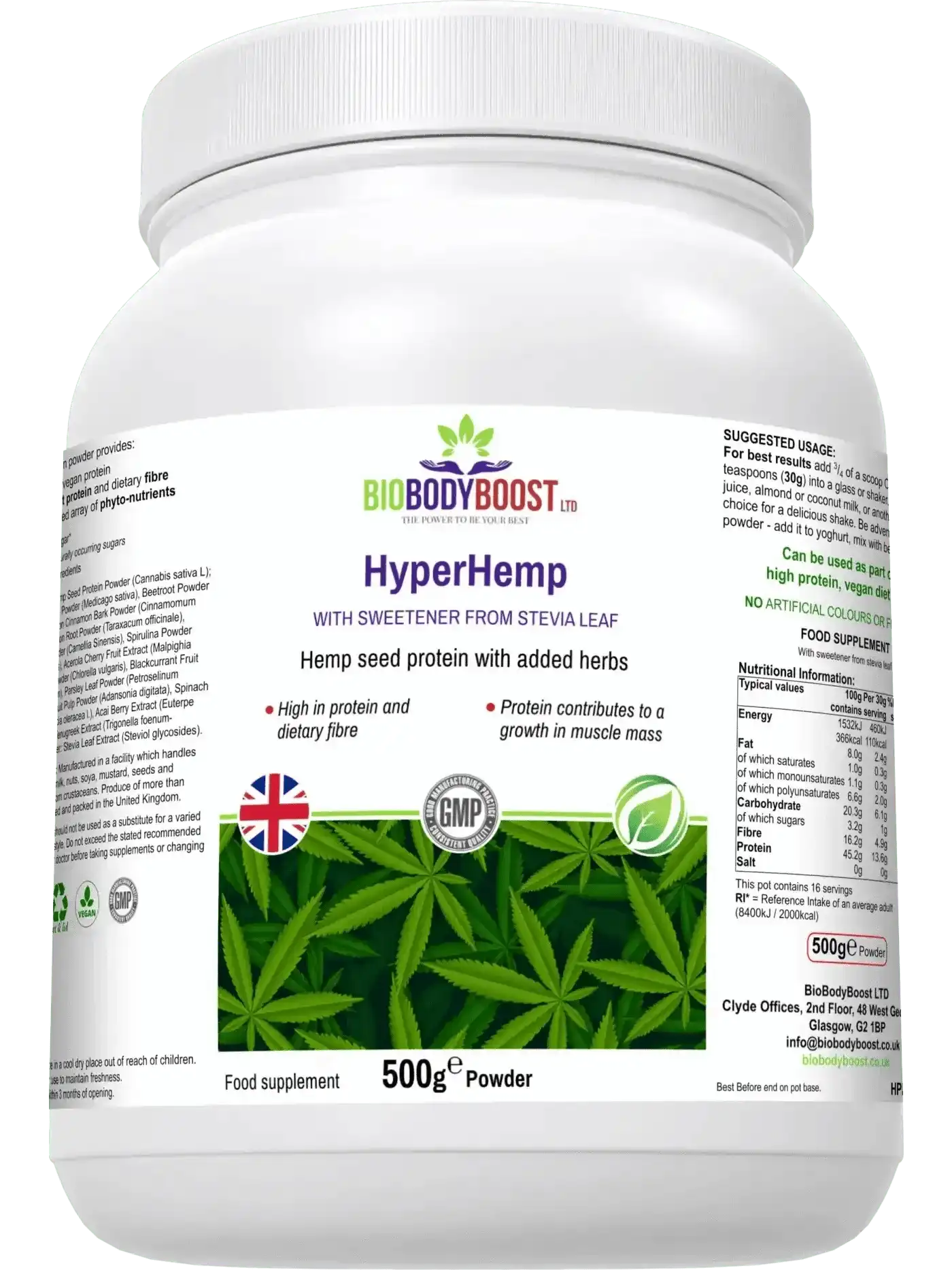 HyperHemp Vegan Hemp Protein Powder – 500 g | Plant‑Based, High Protein, UK‑Made-3